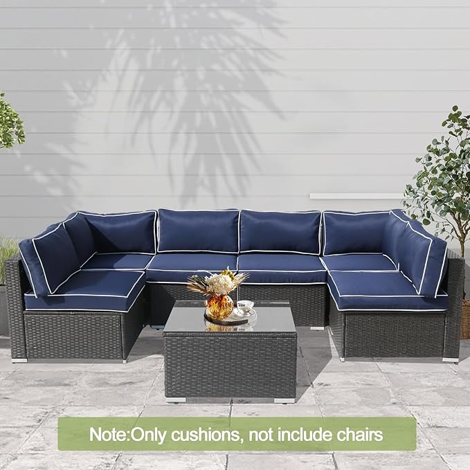 14Piece Outdoor Sofa Cushion Replacement, Patio Furniture Waterproof Cushion with Zippers, fit 6-Seat Outdoor Wicker Rattan Sectional Couch (Dark Blue and White, 24.8"x24.8"x3.15")