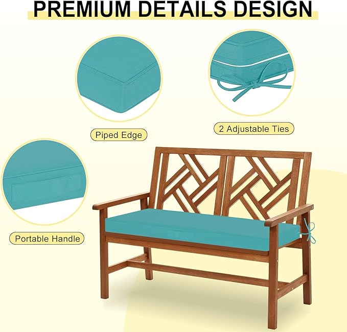 downluxe Outdoor Bench Cushion Waterproof, 42 x 18 Inch Patio Furniture Cushions with Adjustable Ties & Portable Handle, Porch Swing Cushions, Bench Cushions for Outdoor Furniture, Teal
