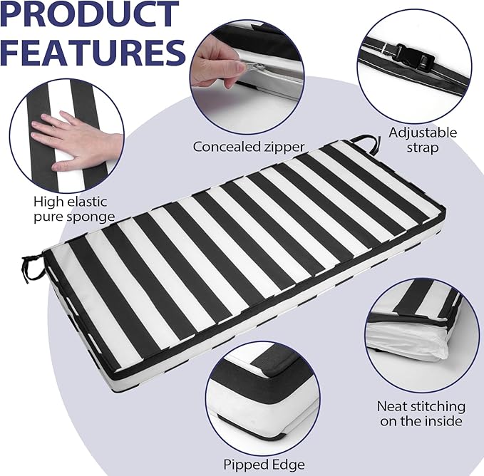 Outdoor Bench Cushion 48x18x3 Inch with Ties, Thick Waterproof Porch Swing Cushions for Patio Furniture Chair Pad, Seat Sofa Garden Replacement Cushion Sponge Filling (Black&white Stripes, 48x18)