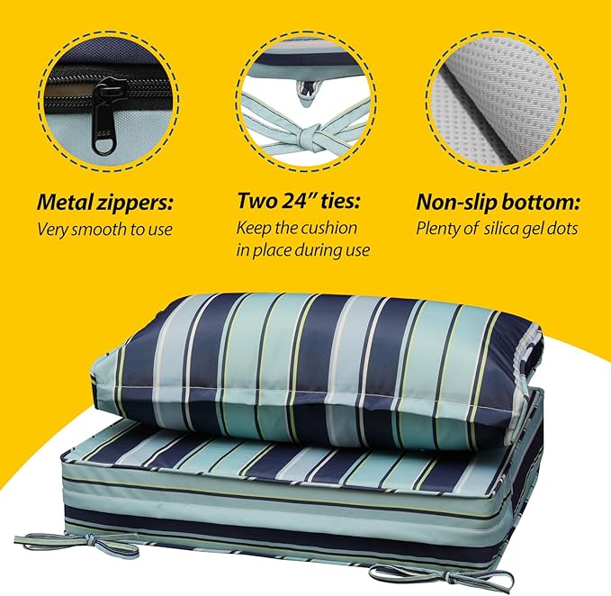 AAAAAcessories Outdoor Seat Cushions for Chairs, Fade-Resistant, Waterproof Patio Furniture Replacement Cushions, 25.5" x 25.5" x 5" + 25.5" x 13.5", Set of 2, Ash Teal Seaside Stripe