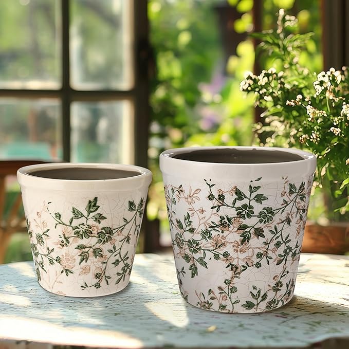 2 Pack Vintage Planter Large Ceramic Plants Pot 5.7/4.7 Inch Pastoral Floral Ice Crack Cottage Scroll Flower Vase Pot Indoor Plants Home Kitchen Decor Farmhouse Antique Decorative Gift