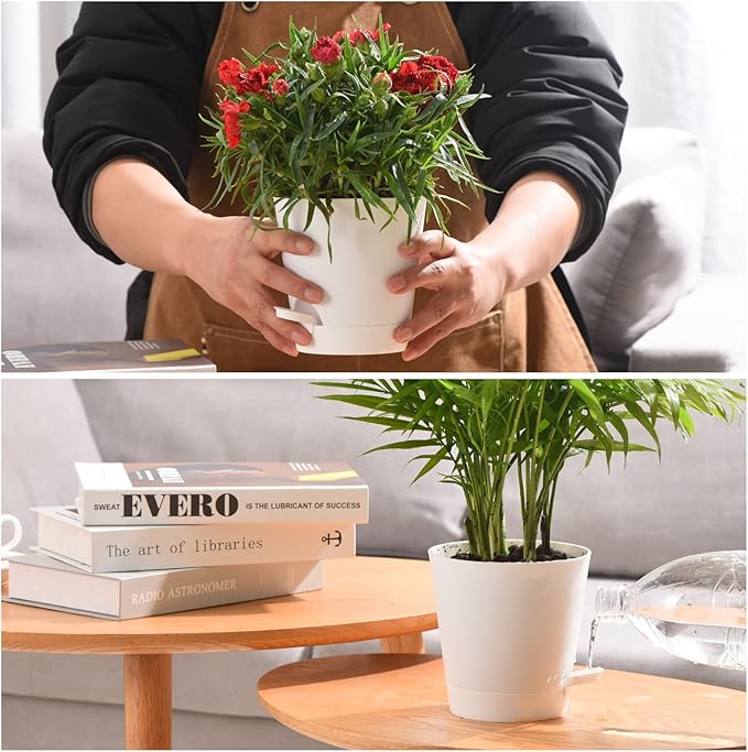 Plant Pots 5 PCS 7 inch Self Watering Planters High Drainage Flowers Pot for Indoor Outdoor Plants with Reservoir Tray and Watering Lip Gardening Planter Garden Flower Pots, White