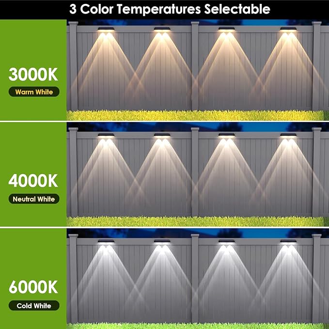 Solar Fence Lights Outdoor Waterproof LED - 3000/4000/6000K 3 Mode, IP65 Waterproof Fence Lights Solar Powered, Solar Wall Lights for Outside, Backyard/Step/Patio/Deck Fence/Stair Railings (12 Pack)