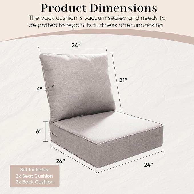 Luxury Outdoor Seat Cushion Set-24 x 24 x 6 Inch Outdoor Chair Cushions with Water Resistant & Removable Cover Outdoor Cushions for Patio Furniture Chair Sofa Couch