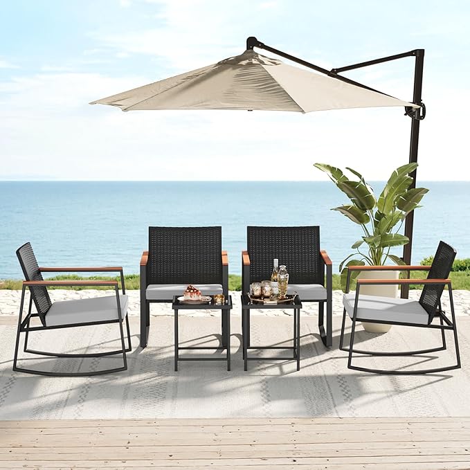 Bealife 3 Piece Patio Set with Cooling Wooden Armrests, Outdoor Rocking Chairs Set of 2 with Glass Table and Cushions, Wicker Patio Bistro Set for Garden, Yard, Balcony, Porch (Grey)