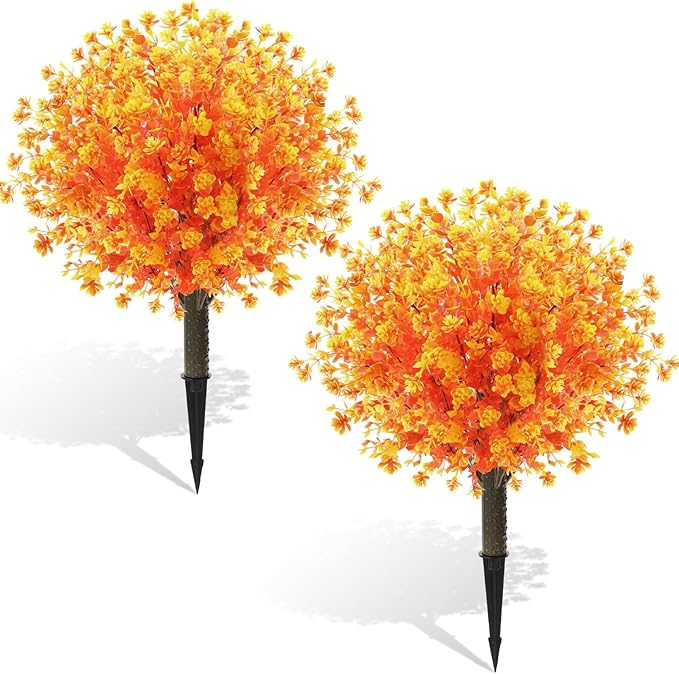 Yunlly 2 Pcs Outdoor Artificial Topiary Ball Trees 22" with Colorful Flowers, Boxwood Fake Bushes Shrubs with Spike, UV Resistant Evergreen Plants for Front Porch Garden Decor (Fall Orangeyellow)