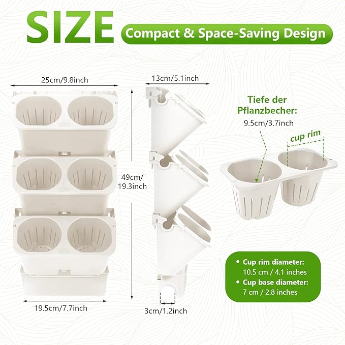 3-Tiers Vertical Wall-Mounted Planter with 6 Pots Vertical Garden Living Wall Planter Indoor Self-Watering Soil-Water Separation Stackable Plastic Planter for Herb Vegetable Flower Succulent (White)