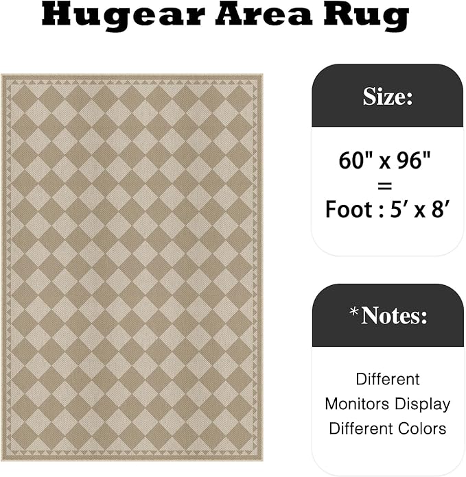 HUGEAR 5x8 Outdoor Rug Brown/Beige Linen-Look Fabric Checkered Area Rug High Traffic Stain Resistant Easy Clean Durable Rugs for Indoor/Outdoor Patio Deck Balcony Porch Garden Courtyard