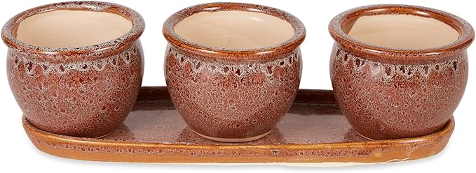 DII Ceramic Planter Collection Herb Pot Set, Brown Round, 13x75x4.5x4