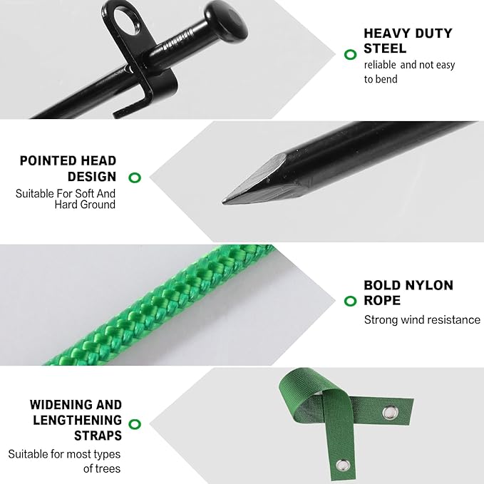 Heavy Duty Tree Stake Kit - Tree Stakes & Straps for Straightening Young Trees, Garden Tree Supports, 3pcs Metal Stakes, 3pcs Rope for Anchoring