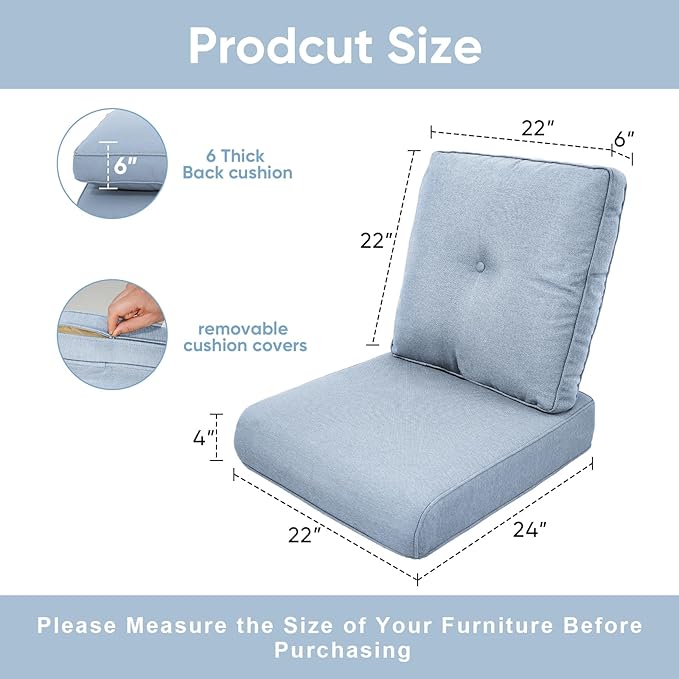 Outdoor Wicker Chair Cushions 2 Packs - Outside High Back Thick Water-Resistant Cushion 22x24 with Zipper Cover for Patio Glider Rocking Chairs Loveseat Couch – Baby Blue/Buckle