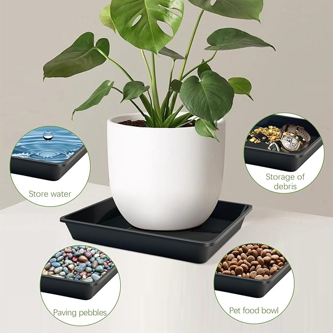 6 Pack Square Plant Saucer 8 Inch, Durable Thick Plant Pot Dish for Flower Pot, Black Plastic Plant Tray to Catch Water for Indoor Outdoor