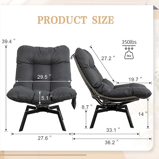 Vongrasig Swivel Wicker Chair PE Rattan Chair with Cushion, Oversized Patio Lounge Chair for Outdoor, Indoor, Balcony, Backyard, Garden, Living Room, Black Rattan
