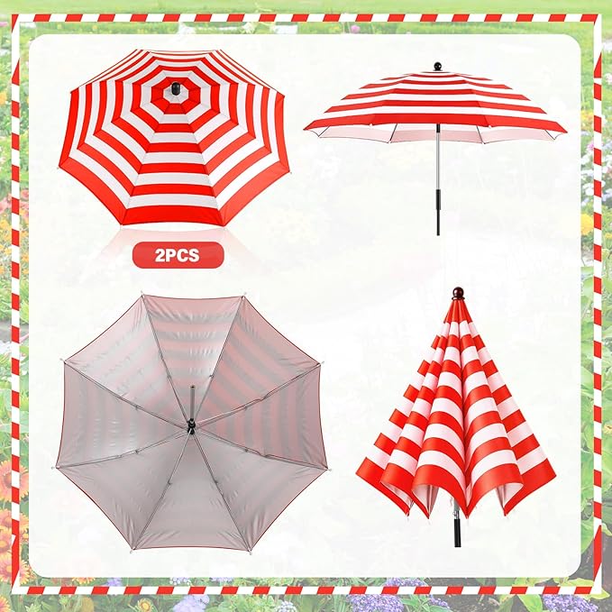 Abbylike 2 Set Plant Umbrellas for Outdoor Plants, Garden Umbrella Shade for Potted Plants and Garden Beds Plant Cover for Sun Summer Beach Terrace Lawn Swimming Pool (Stripe,Red and White)
