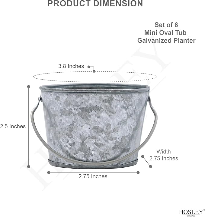 Hosley Set of 6 Mini Oval Tub Galvanized Planter 3.8 Inches Long Ideal for Floral Arrangements DIY Craft and Floral Projects Gifts Baskets Party Favors P9