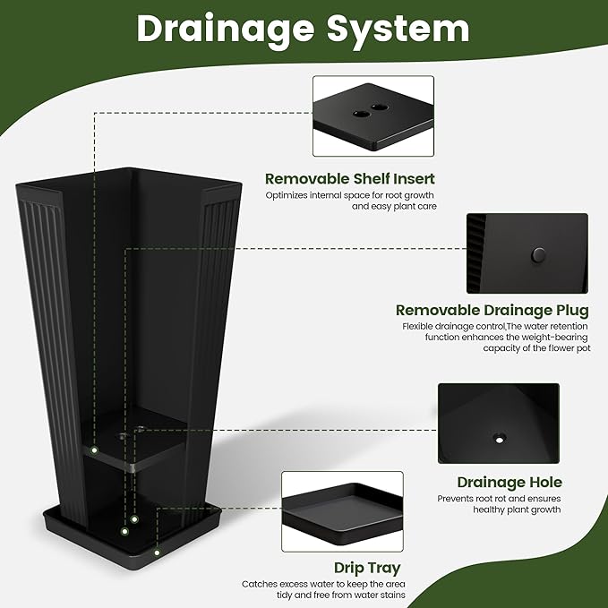 Tapered Tall Planters for Outdoor Plants 2 Pack- 23.6 Inch Square Indoor Flower Pots with Drainage Holes and Partition/Tray Saucers, Large Outdoor Planters for Porch Patio Garden, Black