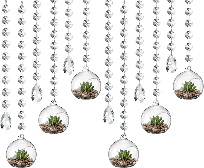 112 Pcs 3.15'' Hanging Glass Tealight Holder Globe with K9 Crystal Garland Strands,Teardrop Pendant Hanging Tealight Candle Holder Orbs Air Plant for Wedding Centerpiece Party Decor (Clear)
