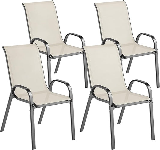 Outsunny Outdoor Dining Chairs Set of 4, Stackable Patio Dining Chairs, High Back Outdoor Patio Chairs with Breathable Mesh Seat, Metal Frame for Garden Lawn Backyard, Beige