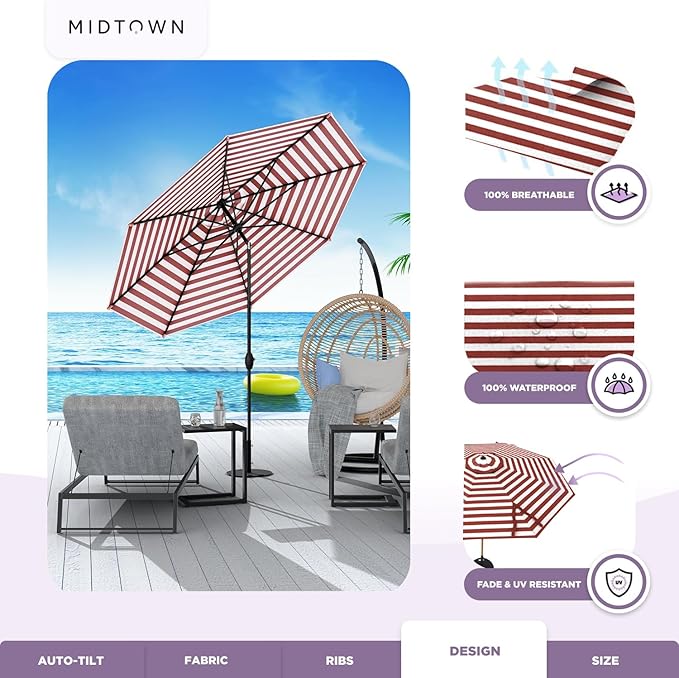 Midtown Umbrellas - 10-Year-No-Fade 10 Ft Patio Umbrella with Terylast Fabric, Auto-Tilt Aluminum Frame and 8 Reinforced Ribs for Deck, Pool, Garden & Beach - Red/White Stripes Canopy, Black Pole