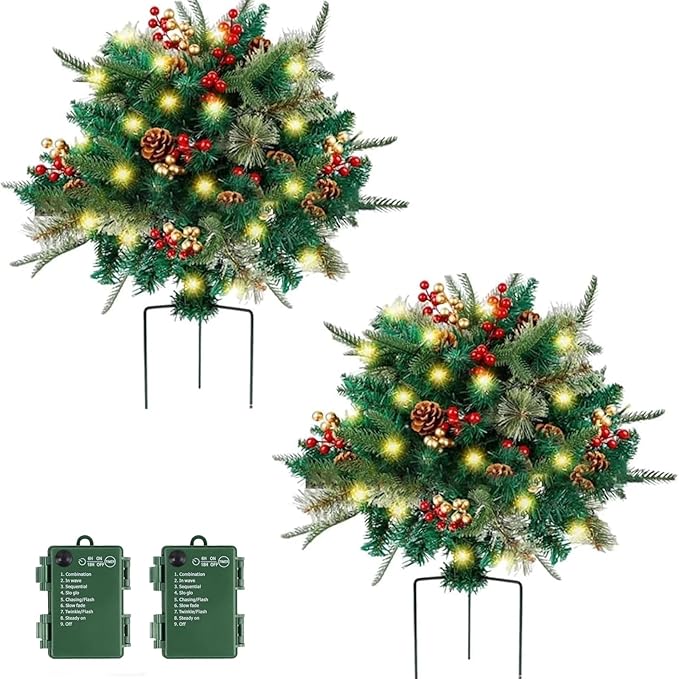 2 Pack Pre-lit Artificial Christmas Tree Urn Filler, Battery Operated Lighted Xmas Tree with Pinecones & Berries, Holiday Planter Filler Outdoor Waterproof Decor for Porch, Garden, Yard