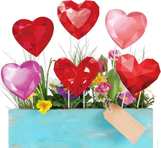 Bucherry 12 Pcs Valentine's Day Diamond Heart Shape Planter Stakes 3D Effect Heart Decorative Garden Yard Stakes Valentines Flower Pots Signs for Home Anniversary Party Outdoor Lawn Decor