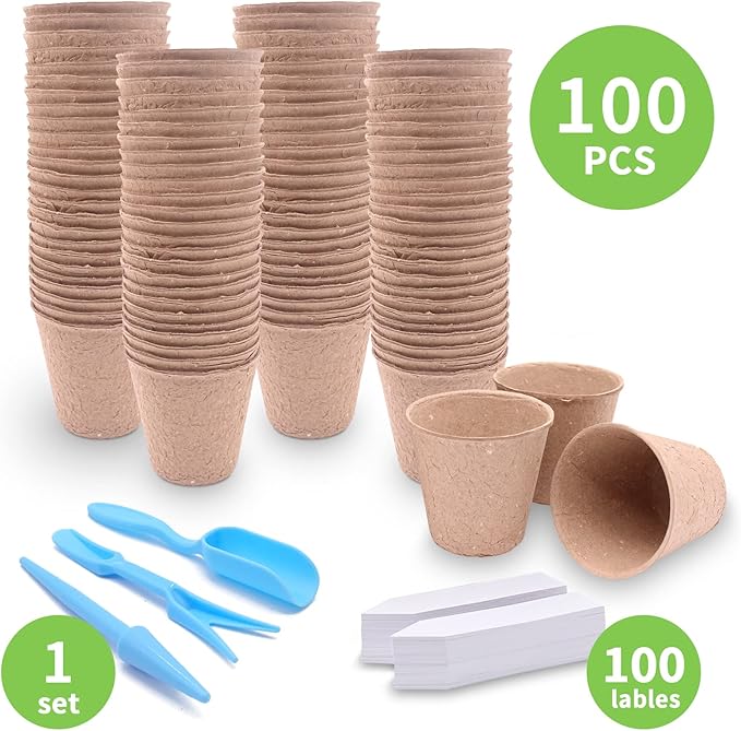 3T GROUP 100 Pack 3.15 Inch Mini Pot for Plants,Small Compostable Planting Pots,Biodegradable Disposable Flower Pots for Vegetables,Fruit with 100 Labels,Tool (100pcs)