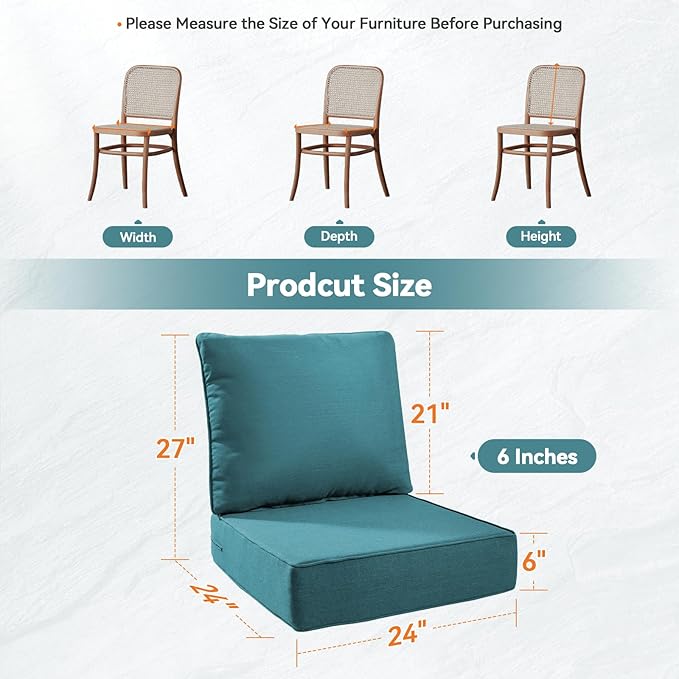 6" Thick Outdoor Cushions 24x24x6, 6-Set Deep Seat Patio Cushions with Removable Cover, Waterproof & Fade Resistant Replacement for Wicker Chair, Loveseat, Sofa - Peacock Green