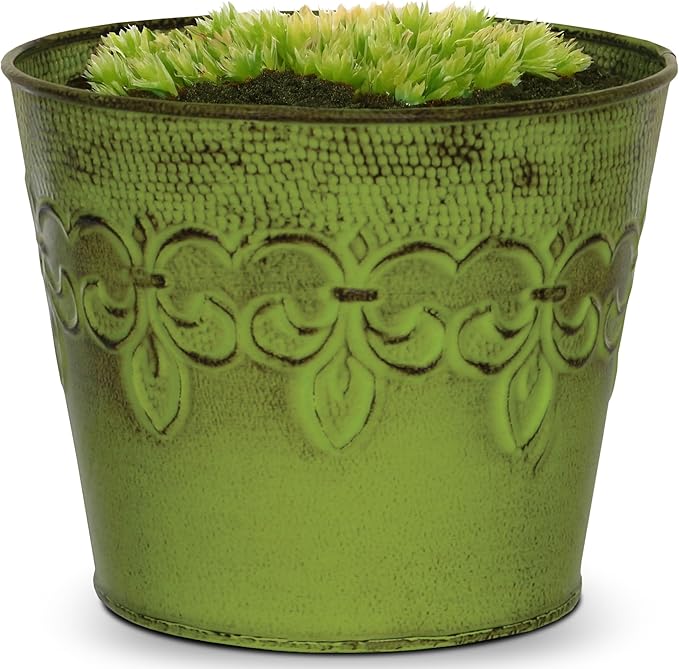 Headwind Ironlite Fleur De Lis Collection – 6" Tansy Green Decorative Planter with Drain Plug – Lightweight Metal Garden Pots for Indoor & Outdoor Planters Use by Robert Allen