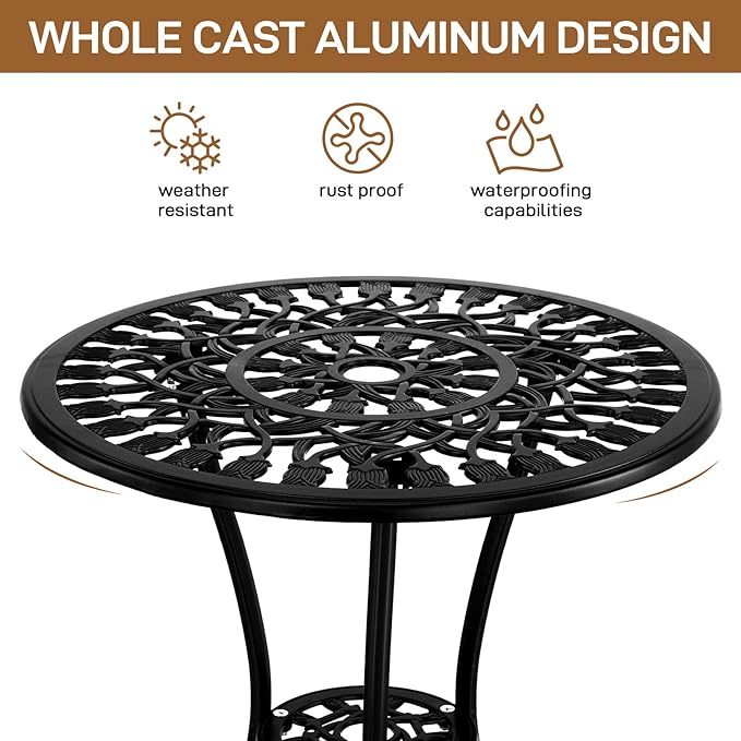 Outvita Patio Table and Chairs Set, Cast Aluminum Outdoor Cafe Table and Chairs Set of 3, Stability Patio Bistro Sets with Umbrella Hole for Garden, Patio, Balcony, Tulip Pattern Black