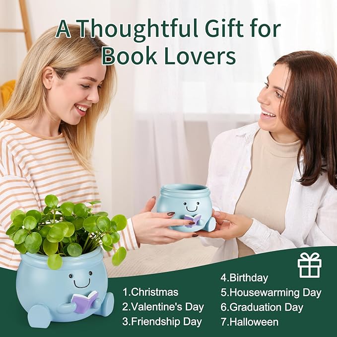 Book Lover Gift Set- Cute Reading Planter Pot with 5 Heart Leather Bookmarks & Quote Card, Cozy Desk Decor for Teacher, Librarian, Women, Mom, Friend, Colleague