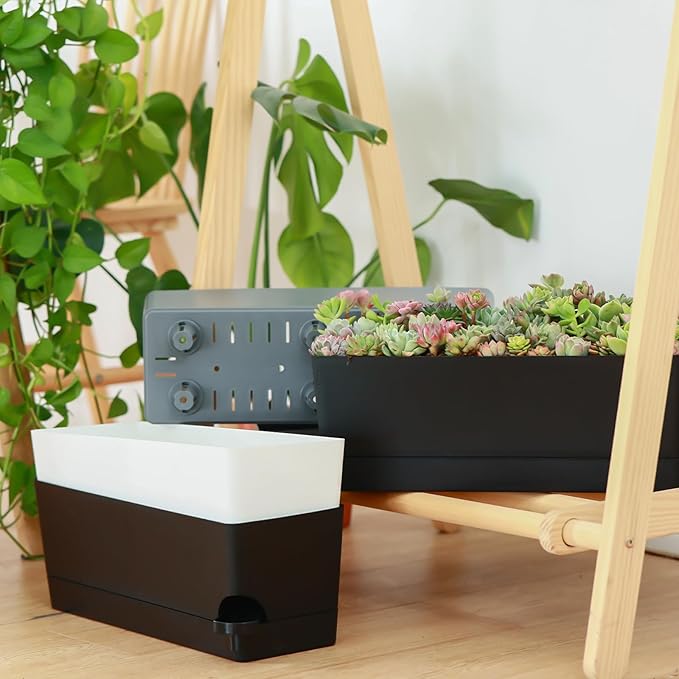 2 Pack Rectangle Self Watering Pots for Indoor Plants 17 Inches Window Boxes Planters Rectangular Flower Pots Herb Large Plant Pots with Drainage Holes and Saucers Windowsill Planter, Grey
