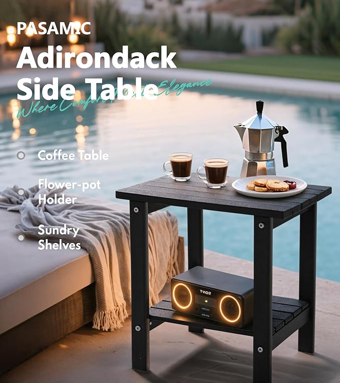 PASAMIC 2-Tier Adirondack Square Outdoor Side Table, HDPE Small Outdoor Table, Patio End Table for Patio, Pool, Backyard, Weather-Resistant (Black)