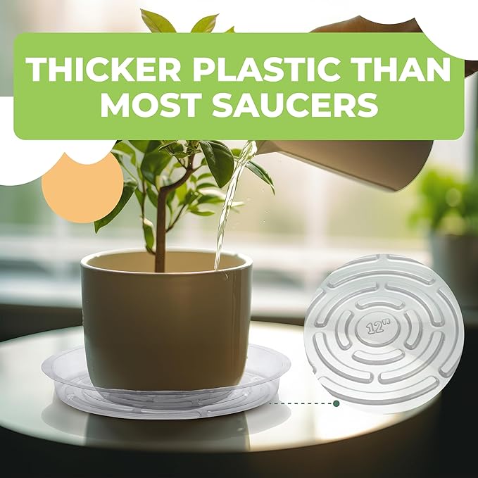 Window Garden 12" Plant Saucer - Plastic Plant Trays for Indoor and Outdoor - Clear Flower Pot Drip Trays - Drainage Base - Water Tray for Pots Indoors - Planter Saucers for Potted Plants - Set of 6