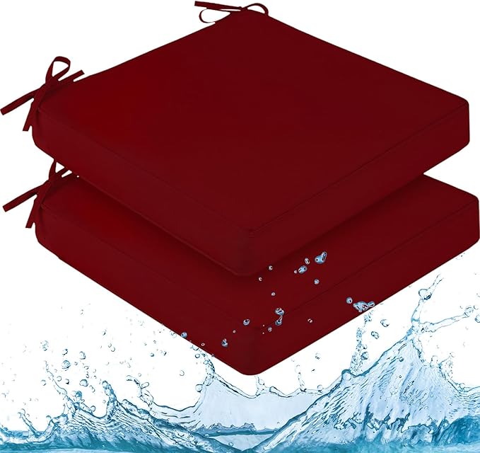 downluxe Waterproof Outdoor Chair Cushions for Patio Furniture, 22" x 22" x 3" Patio Chair Cushion with Adjustable Ties & Portable Handle, Square Outdoor Cushion with Removable Cover, Burgundy, 2 Pack