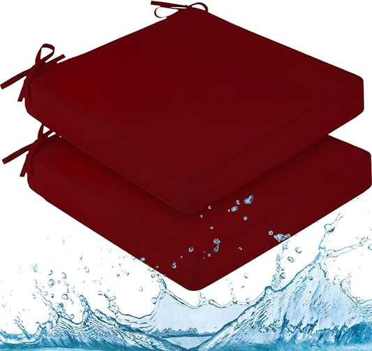 downluxe Waterproof Outdoor Chair Cushions for Patio Furniture, 24" x 24" x 4" Patio Chair Cushion with Adjustable Ties & Portable Handle, Square Outdoor Cushion with Removable Cover, Burgundy, 2 Pack