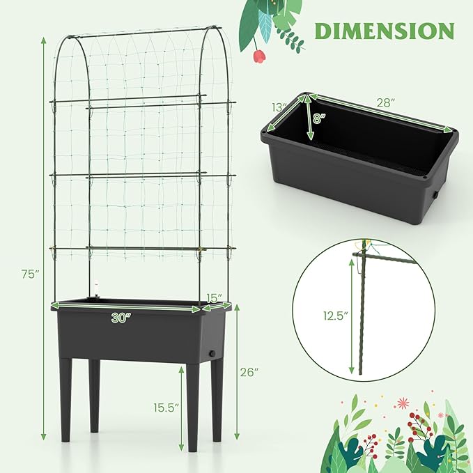 Happygrill Raised Garden Bed with Trellis, 4 in 1 Self-Watering Planter w/Water Level Observer, Drainage Holes, Climbing Net & Detachable Legs, Garden Cucumber Planter for Vegetables Flowers