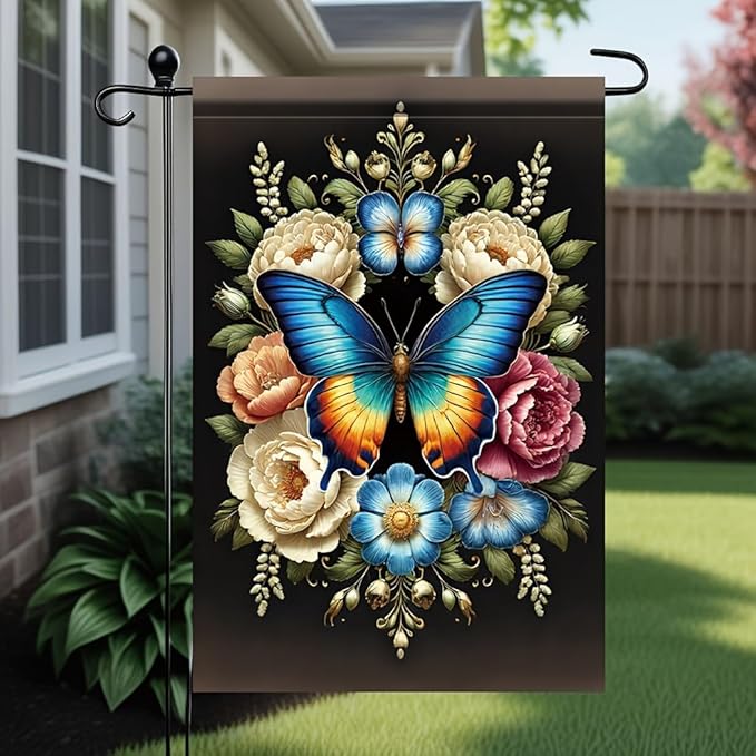 Blue Butterfly Garden Flag 12x18 Inch Double Sided Outdoor Yard Banner Colorful Floral Butterfly Design for Spring Summer Porch Patio Lawn Garden