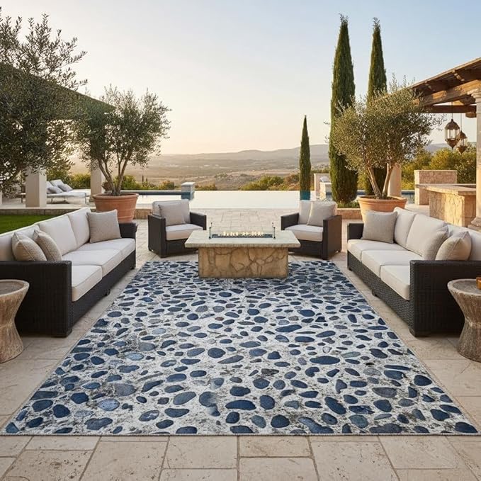 Irregular Pebblestones Design Deck Rug 7x9 Dark Blue Beige Aesthetic Texture Outdoor Waterproof Rugs for Balcony Patios Porch Backyard Garden RV Camping Thin No Shedding Durable Outside Mat