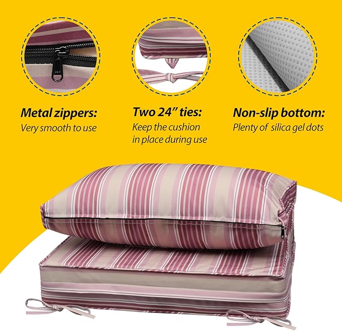 AAAAAcessories Outdoor Seat Cushions for Chairs, Fade-Resistant, Waterproof Patio Furniture Replacement Cushions, 23" x 23" x 5" + 23" x 13.5", Dusty Rose Garden Stripe