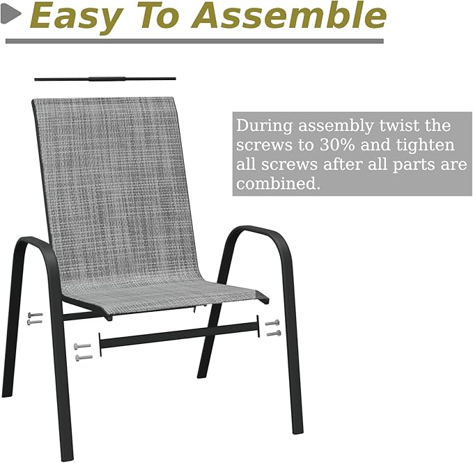 Patio Chairs Set of 4, Outdoor Stackable Dining Chairs with High Back for All Weather, Outdoor Furniture with Breathable Textile Fabric for Garden, Backyard Deck, Pool Side (Grey)