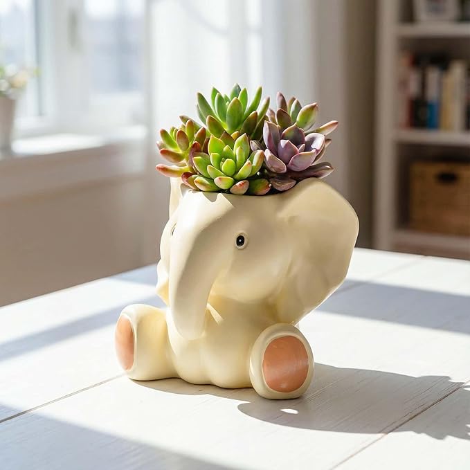 Small Plant Container | Unique Resin Flower Pot Sculpture | Succulent Flower Pot | White Elephant Gifts for Women | Perfect Plant & Elephant Gifts | Indoor & Outdoor Use (White)