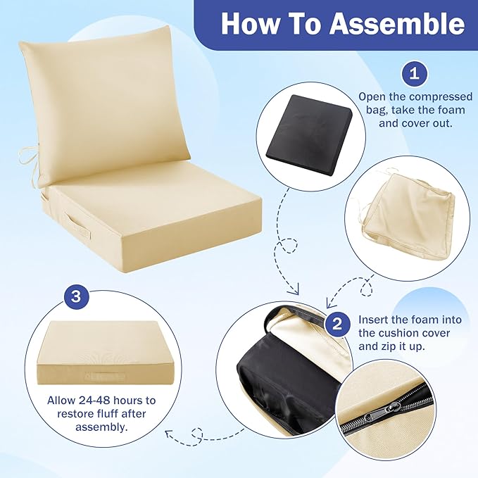 Outdoor Seat Cushion Set, Waterproof & Fade Resistant Patio Chair Cushions, Outdoors Cushion for Patio Furniture, 24 x 24 x 4 Inch, Outdoor Couch Cushions with Handle and Ties, Light Khaki