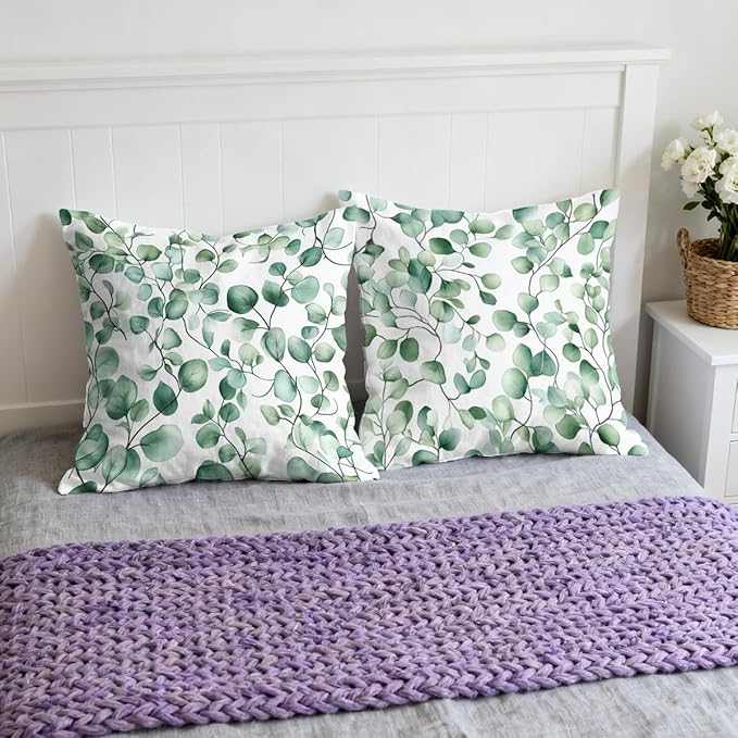 Watercolor Pillow Covers 18x18 inch Set of 4, Green Eucalyptus Leaf Botanical Wall Cushion Case Outdoor Sofa Throw Pillows Cover Garden Pillow Covers for Couch Living Room Bed Indoors Home Decor