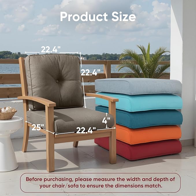 Outdoor Chair Cushions Set of 2, Waterproof Outdoor Seat Cushion 25x22, Patio Cushions for Outdoor Furniture, Replacement Couch Cushion, Include 2 Back & 2 Seat Cushions, Button/Grey