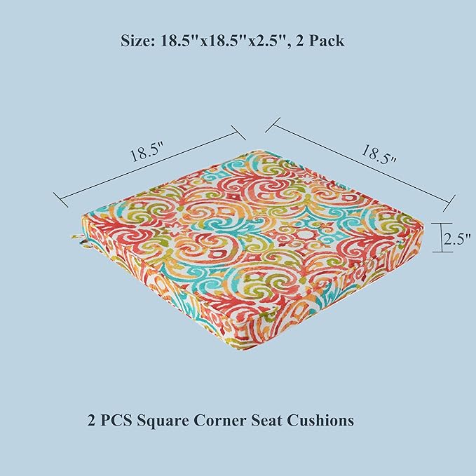 FUNHOME Outdoor Chair Cushions for Patio Furniture, 18 x 18 x 2.5 Inch Outdoor Chair Pads with Ties, Water-Repellent Square Corner Patio Chair Cushions 2 Packs, Corinthian Dapple