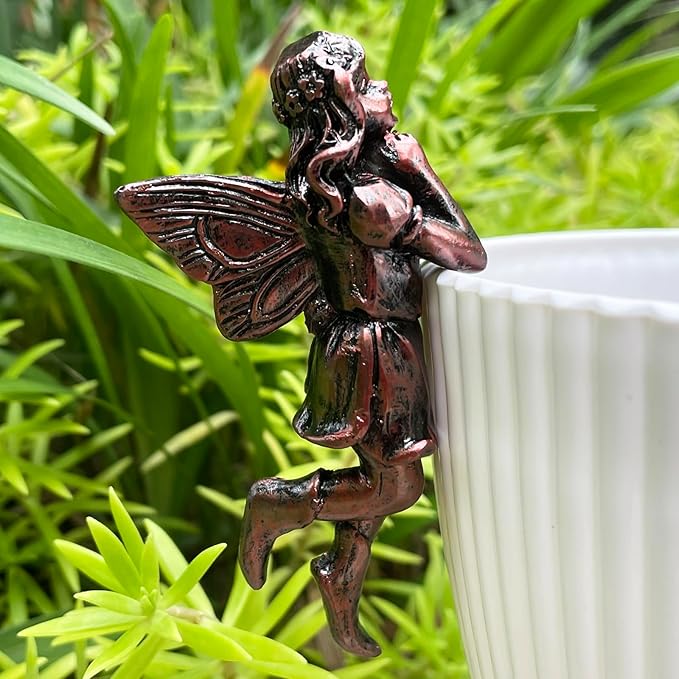 4PCS Miniature Fairies Pot Huggers Garden Planter Pot Hanger Flower Pot and Vase Huggers Resin Vintage Bronze Angel Statue Flying Fairies Figurines Home Office Desk Ornaments