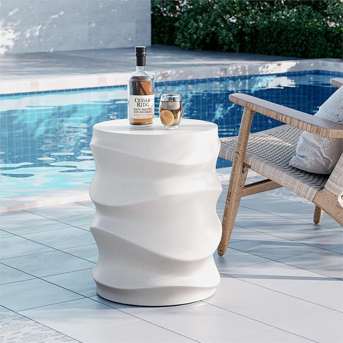 SUNBURY Outdoor Side Table, 18" H Concrete Accent End Table Streamlined, Small Round Cement Plant Stands Table, Decorative Garden Stools for Backyard, Spotted White