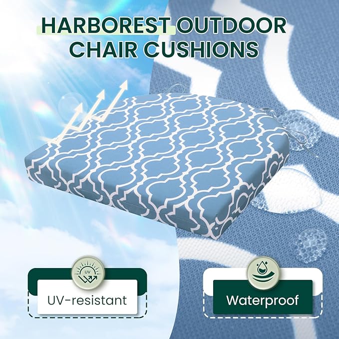HARBOREST Outdoor Chair Cushions Set of 4, Water Resistant Patio Chair Cushions with Ties, Outdoor Seat Cushions for Patio Furniture, 17"x16"x2", Blue Geometry