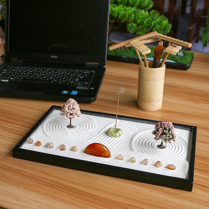 Zen Garden Rake Tool Accessories - Japanese Sand Zen Bamboo Rakes Tools Set, Office Relaxation Gifts with Healing Stones Zen Garden Decor for Man Woman Father Mother Birthday Gifts