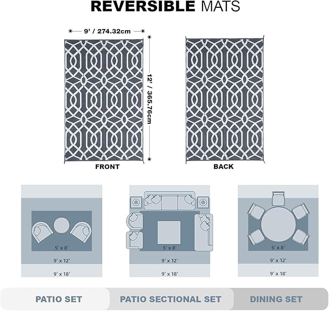 wikiwiki 9x12ft Outdoor Rug, Reversible Plastic Patio Rug Waterproof, Indoor Outdoor Carpet Clearance, Large Area Carpet for Patio Deck Balcony Pool RV Camping Beach Picnic, Grey